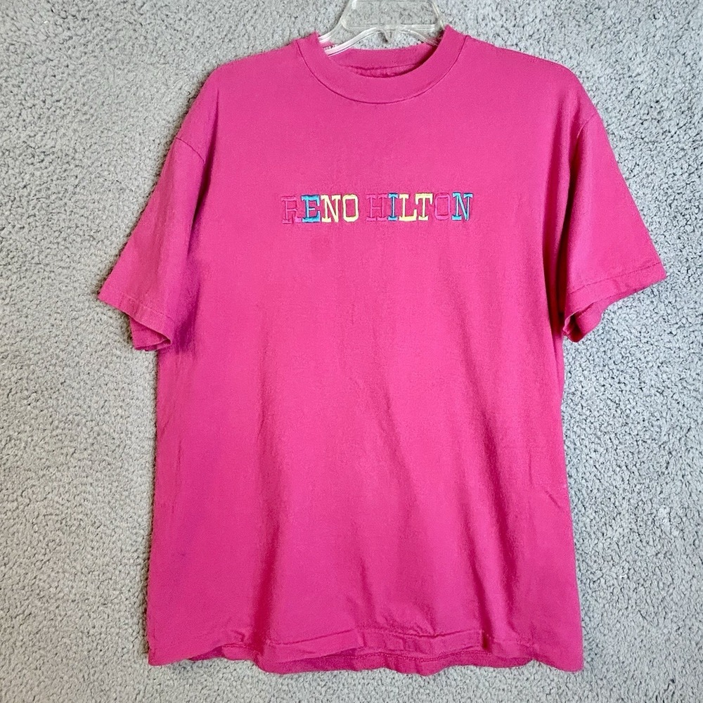 Vintage Reno Hilton Pink Single Stitch Embroidered T Shirt 80s Retro Pastel